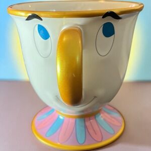 Disney Chip Teacup Mug Beauty & Beast Pedestal Cup Gold Handle 4.5"